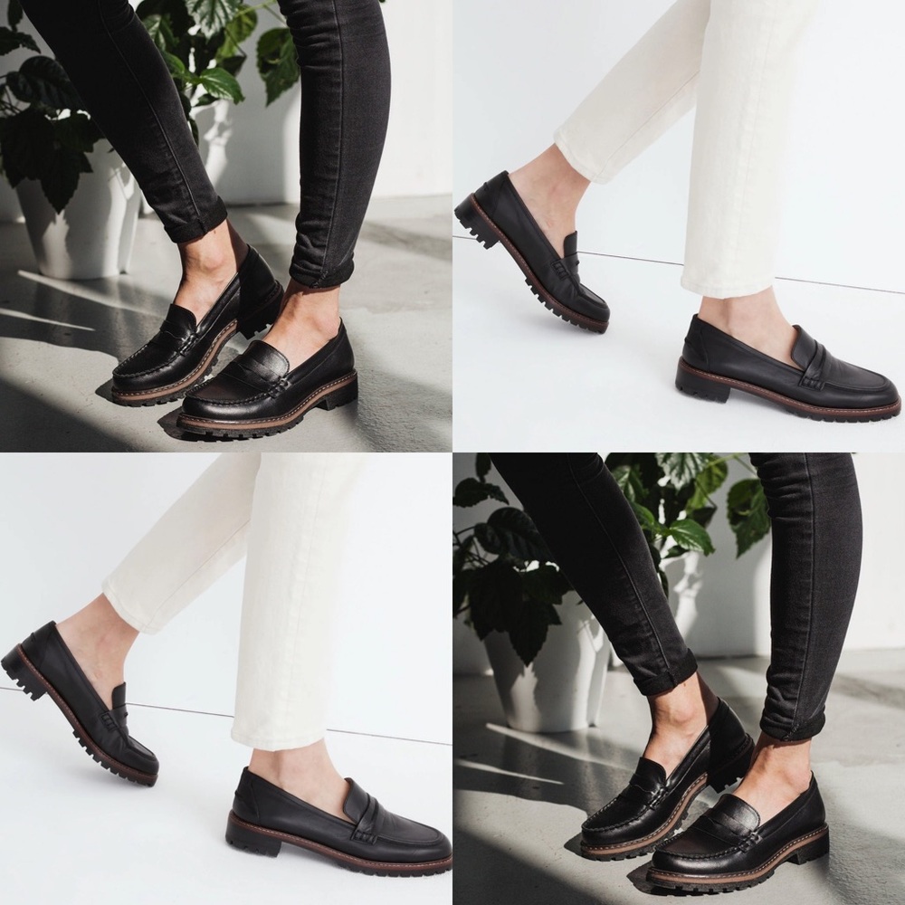 MADEWELL Women's Corinne Black Leather Loafer sz 8 Chunky Lug-Sole Slip-on Flat